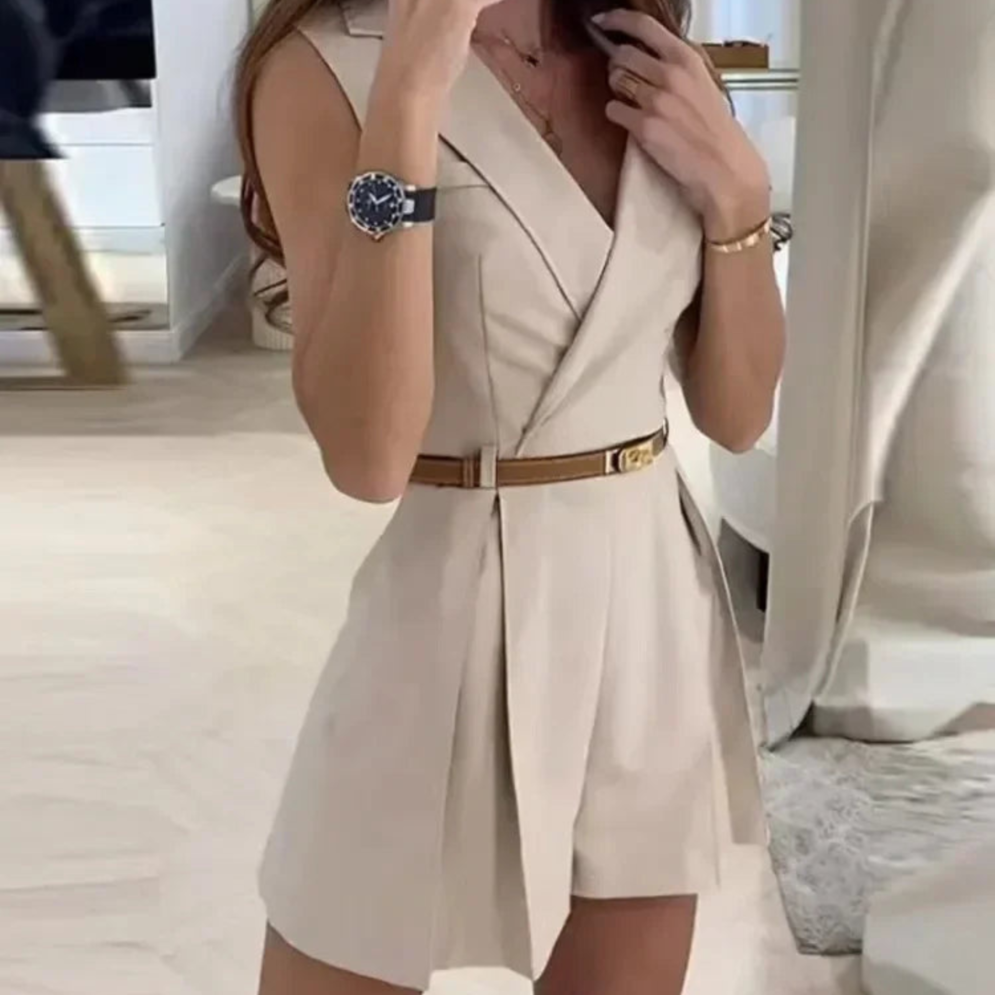 Sleeveless Playsuit with V-Neck and Belt for Women