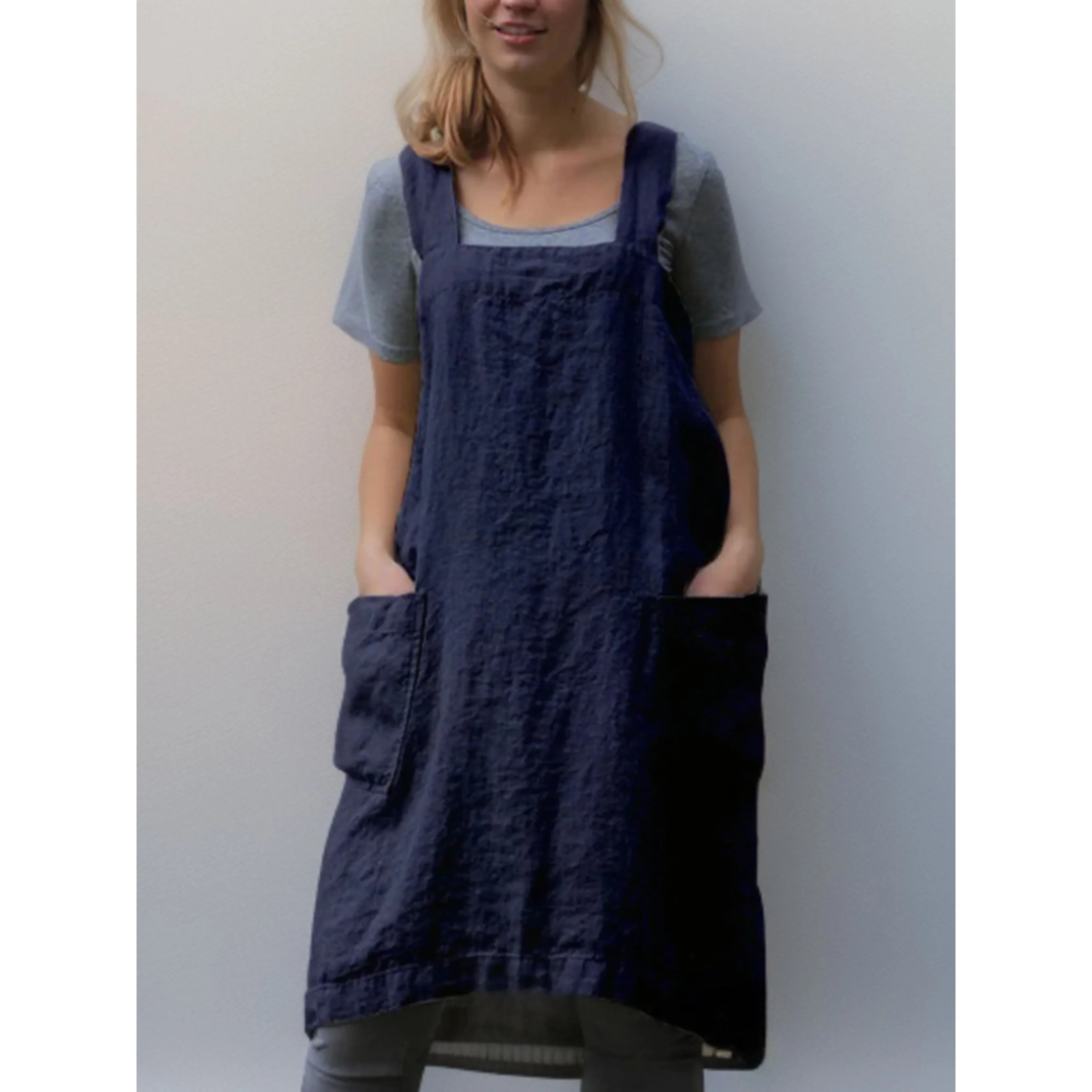 Light Linen Apron Dress with Pockets for Women