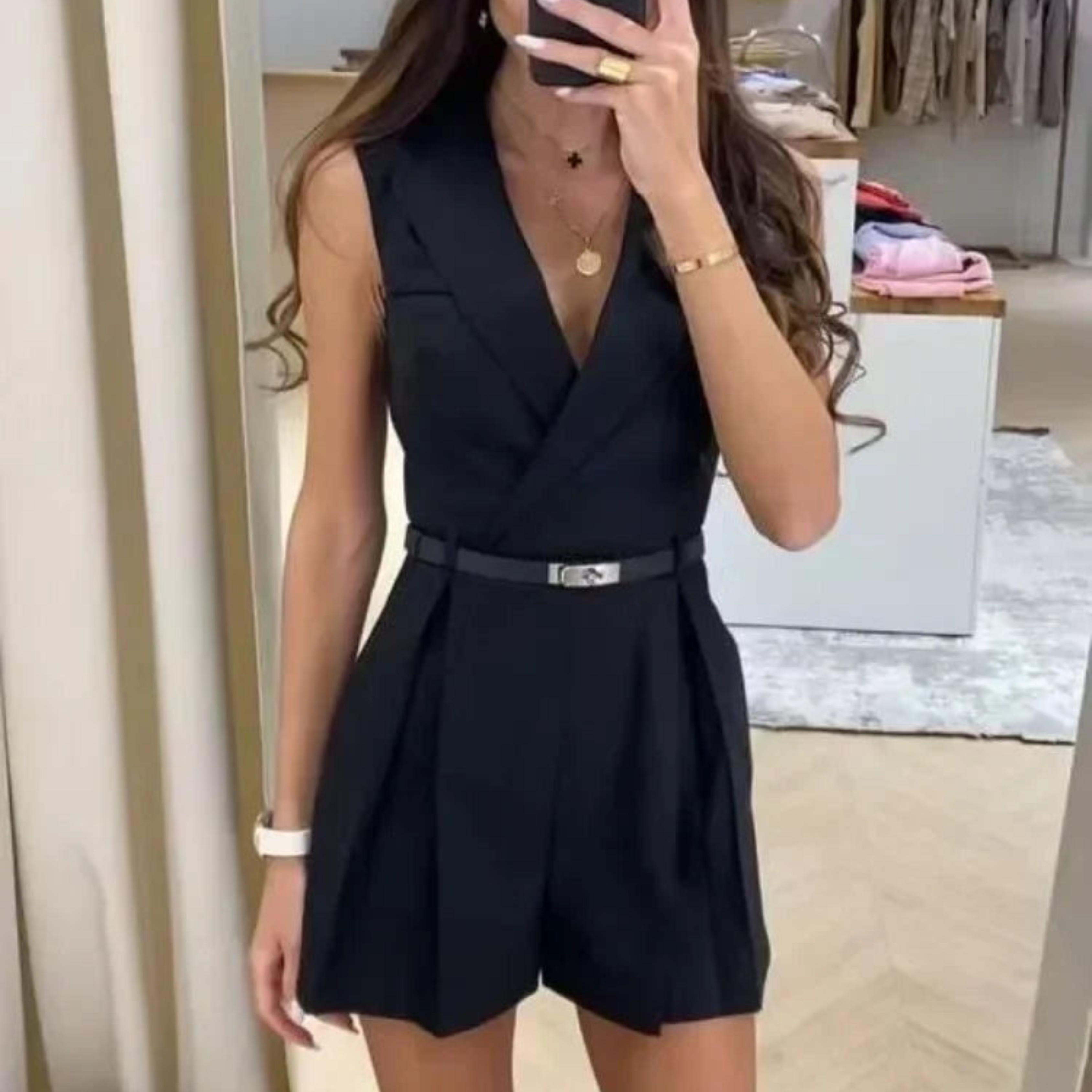 Sleeveless Playsuit with V-Neck and Belt for Women