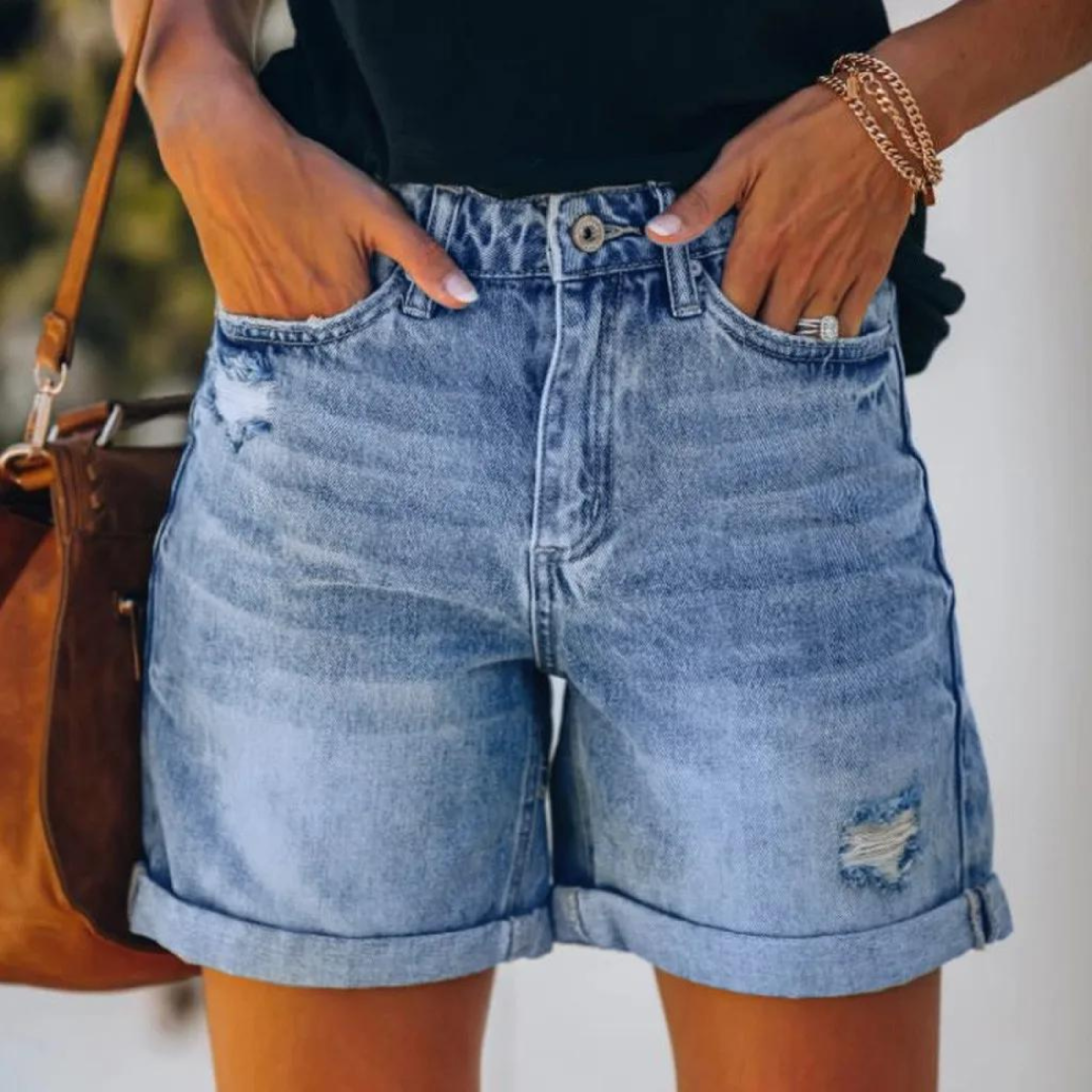 Denim Shorts for Women with High Waist and Cuff