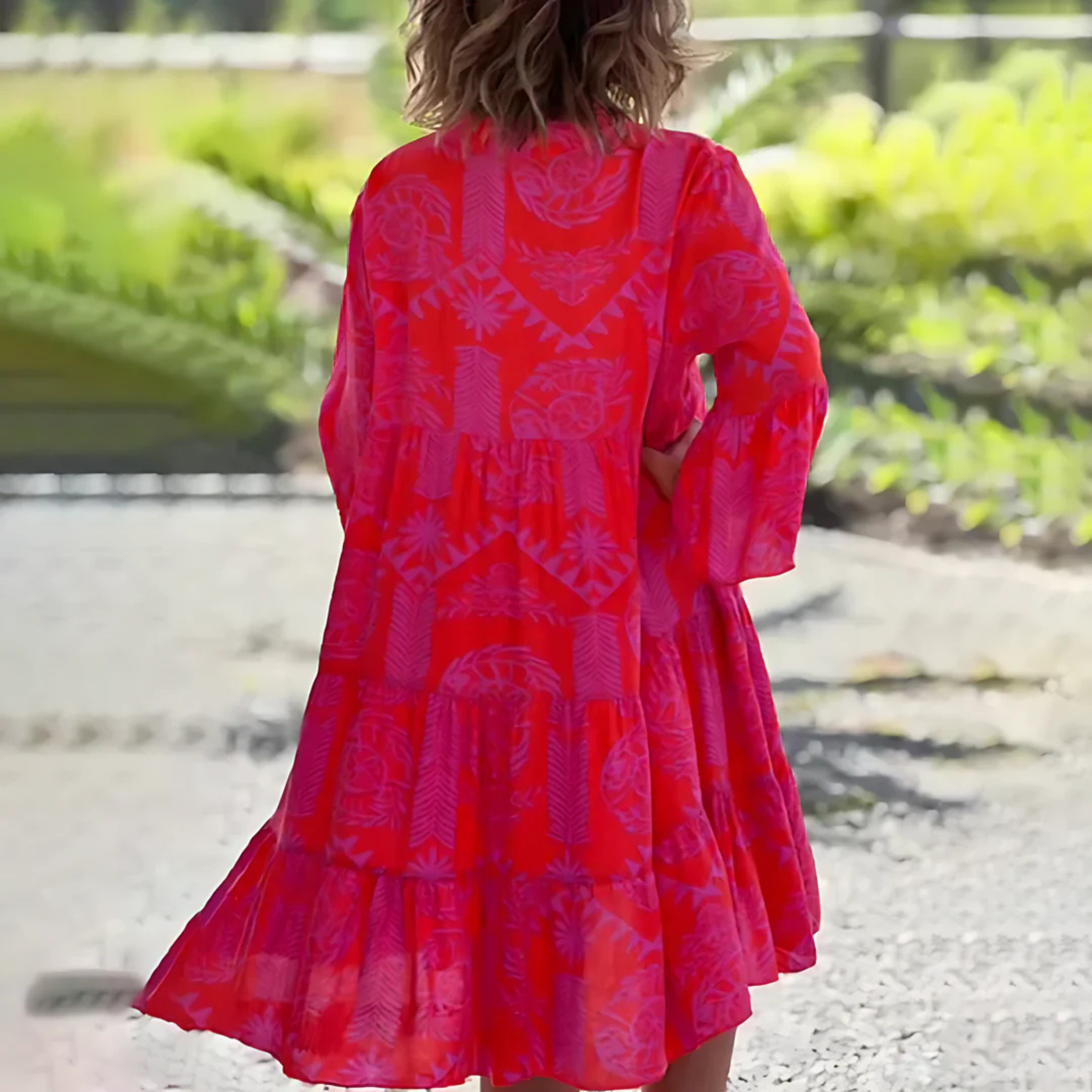 Boho Tunic Dress for Women with Print and V-Neck