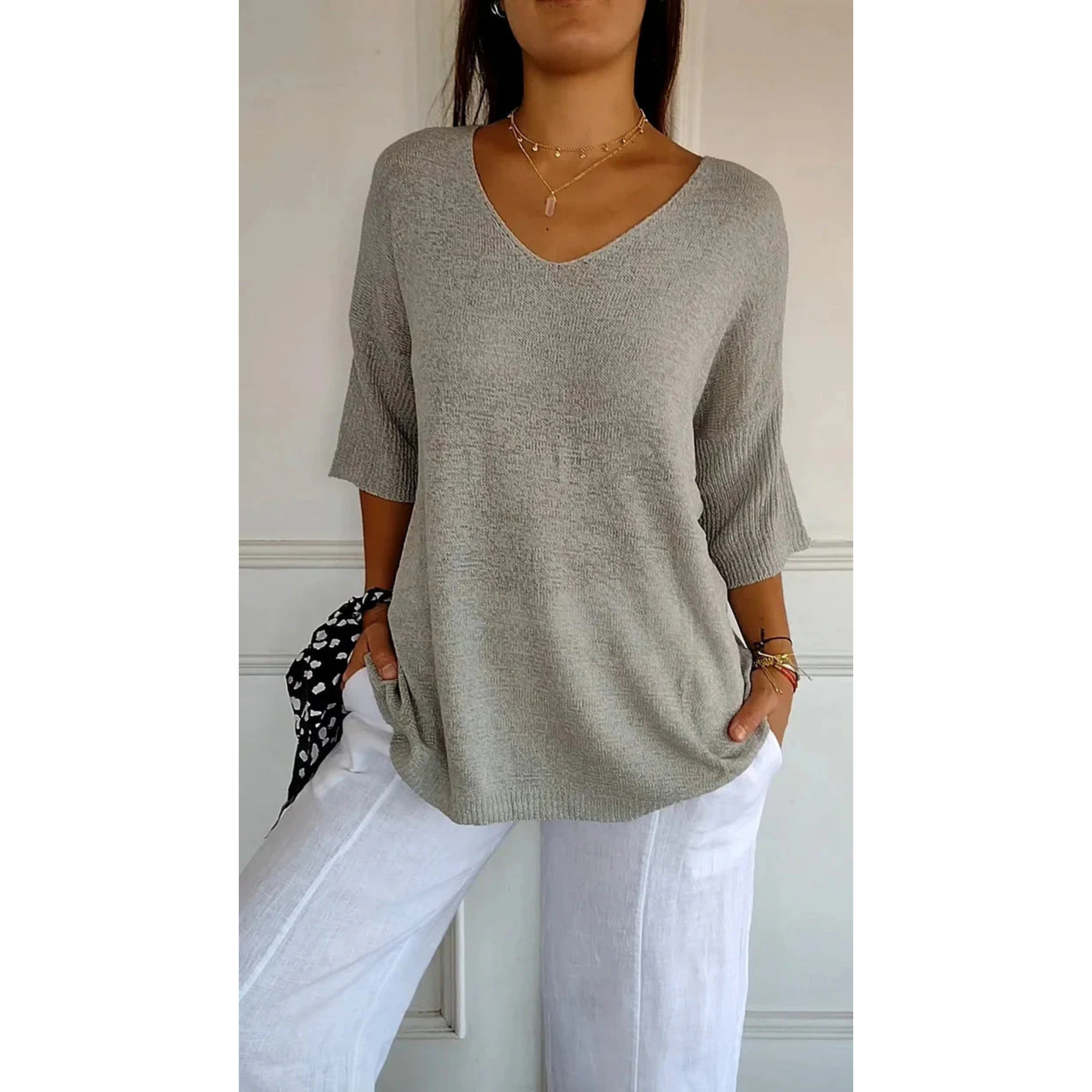 Lightweight Tunic Top with V-Neck and Three-Quarter Sleeves for Women