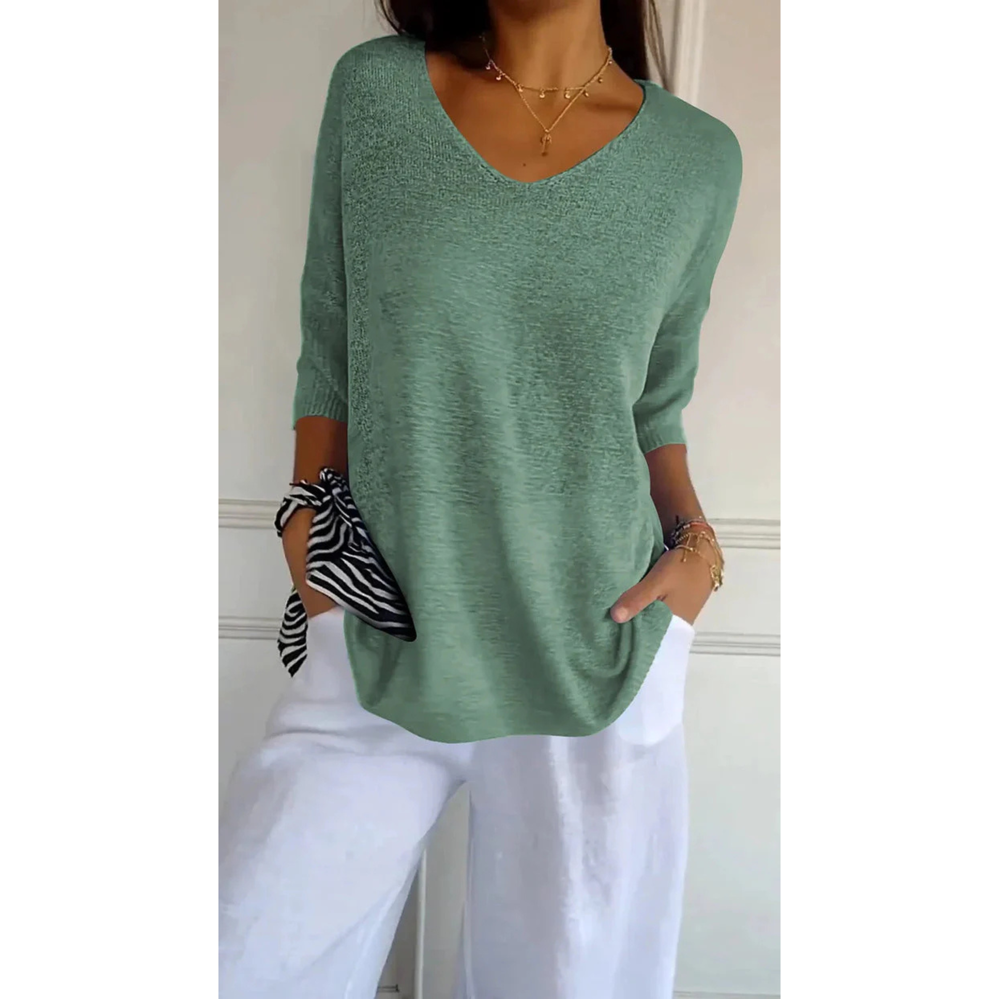 Lightweight Tunic Top with V-Neck and Three-Quarter Sleeves for Women