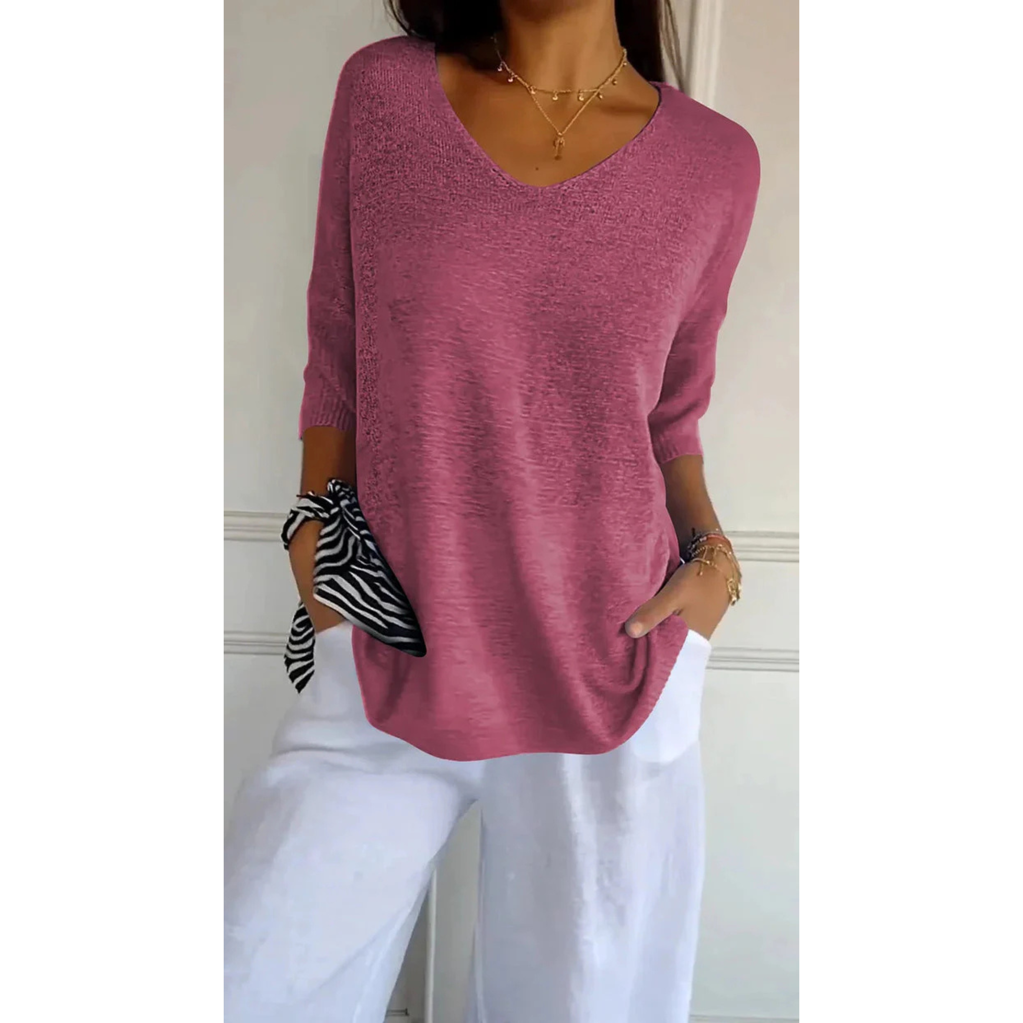 Lightweight Tunic Top with V-Neck and Three-Quarter Sleeves for Women