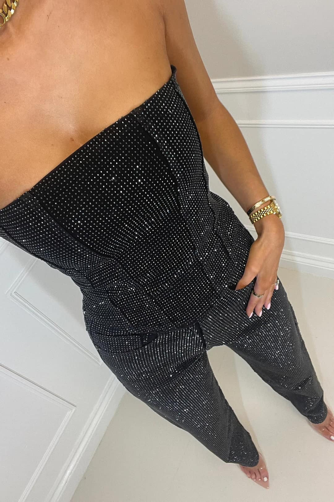 Strapless Glitter Co-ord Set with Straight Pants for Women