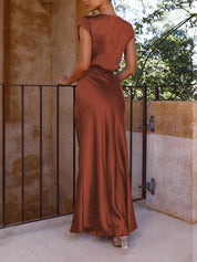 Luxury Satin Maxi Dress with Wrap Neck and V Neckline for Women