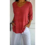 Lightweight Tunic Top with V-Neck and Three-Quarter Sleeves for Women