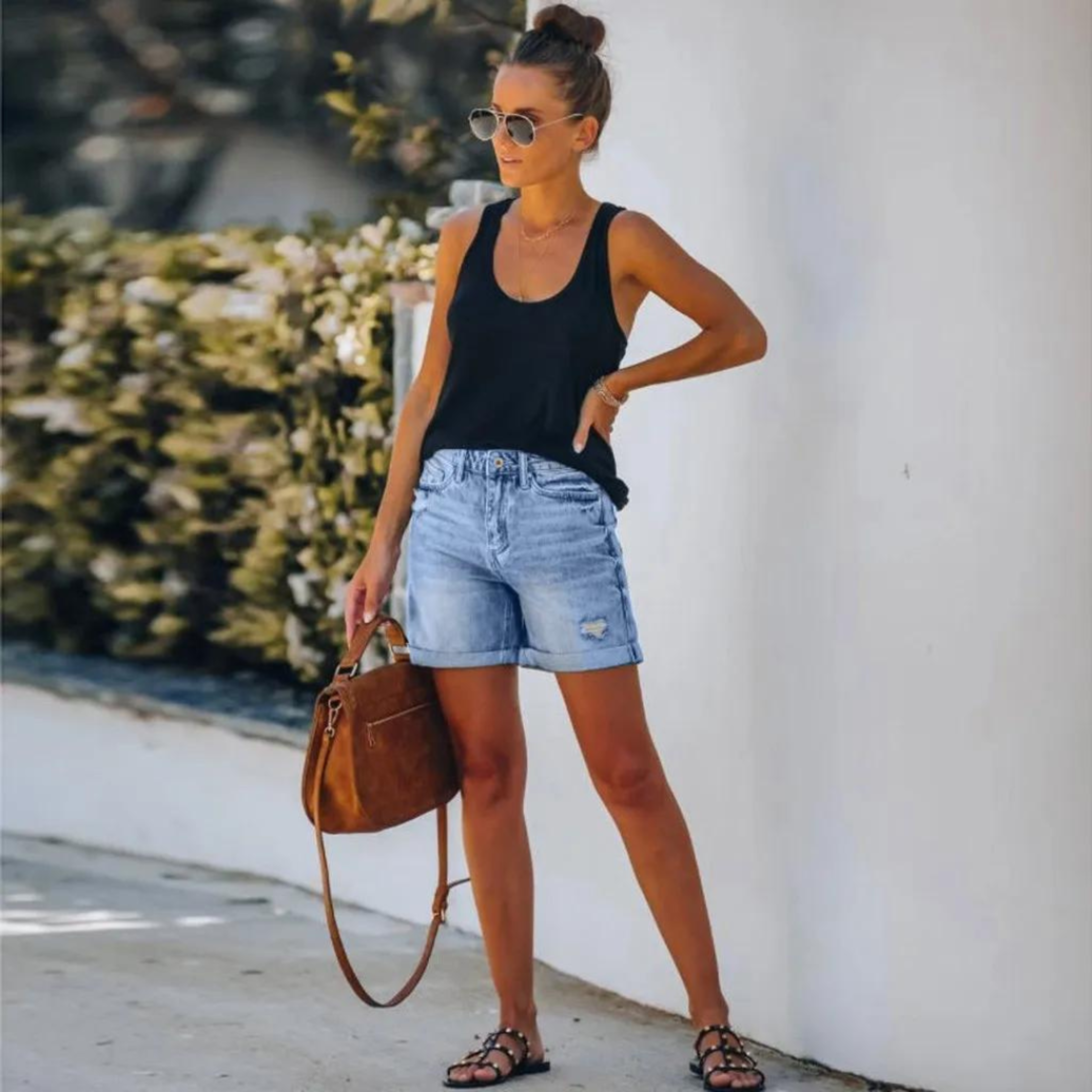Denim Shorts for Women with High Waist and Cuff