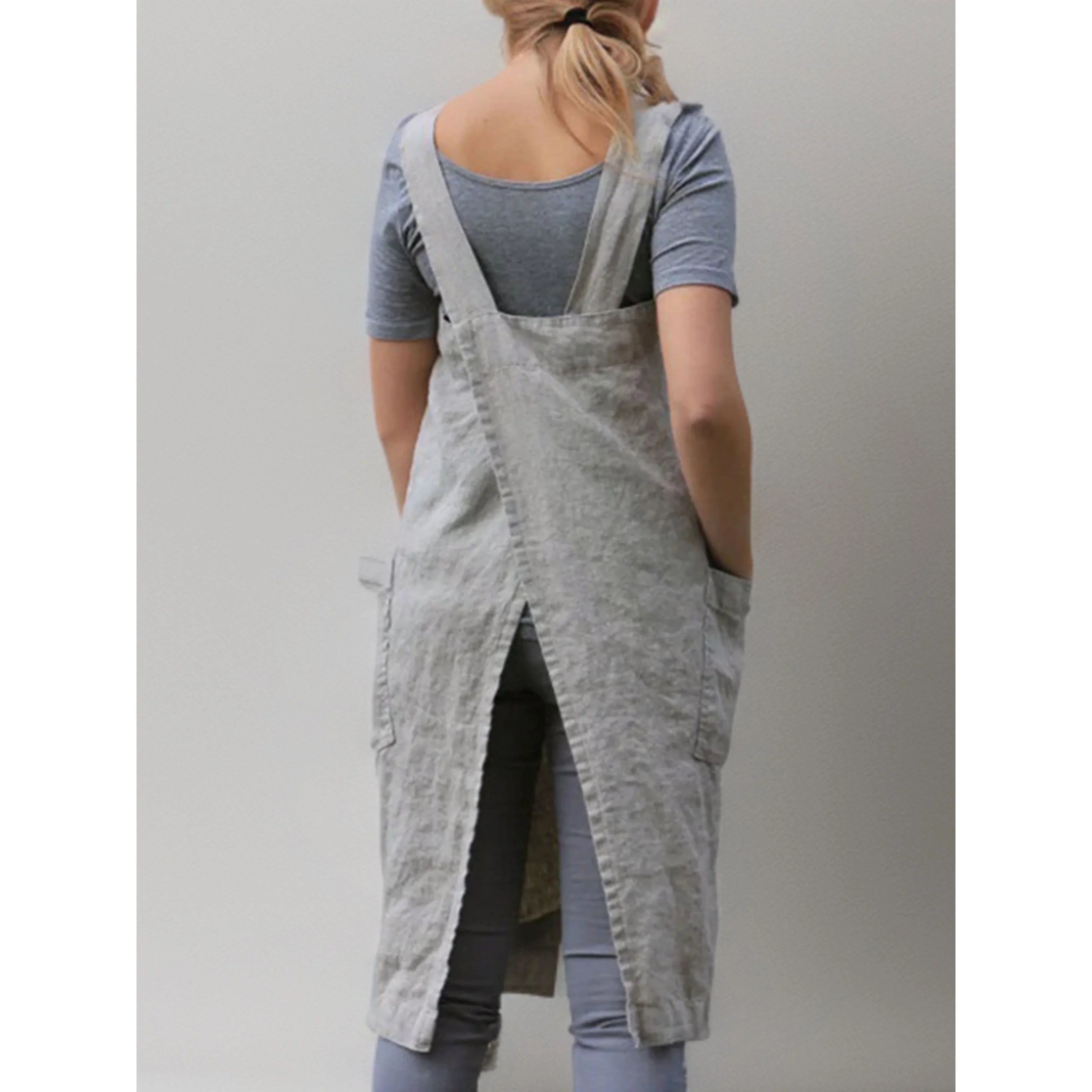Light Linen Apron Dress with Pockets for Women