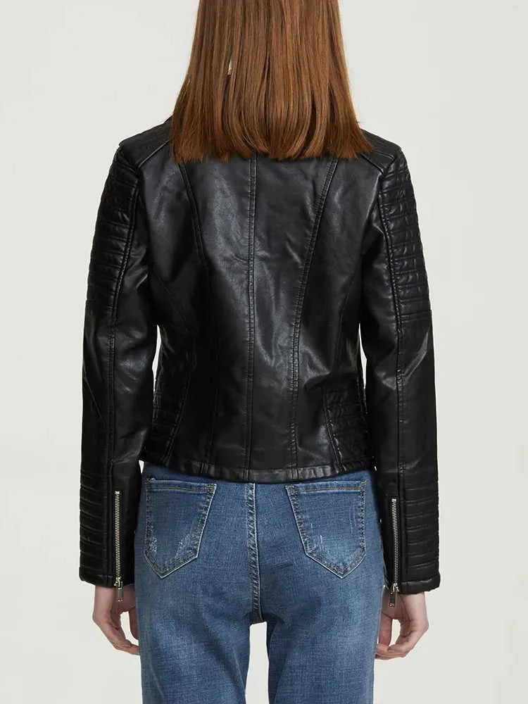 Black Leather Women's Jacket with Zip Pockets