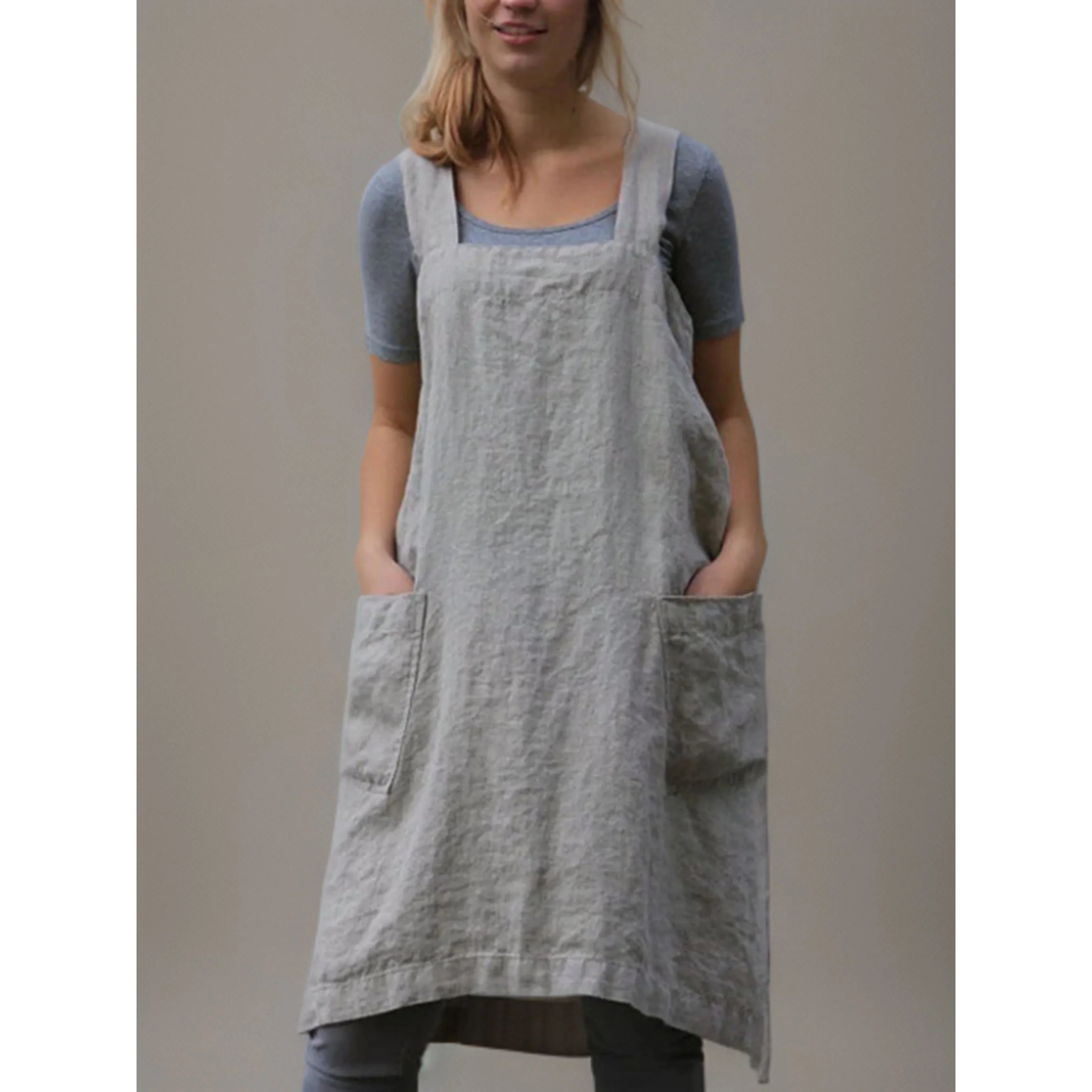 Light Linen Apron Dress with Pockets for Women