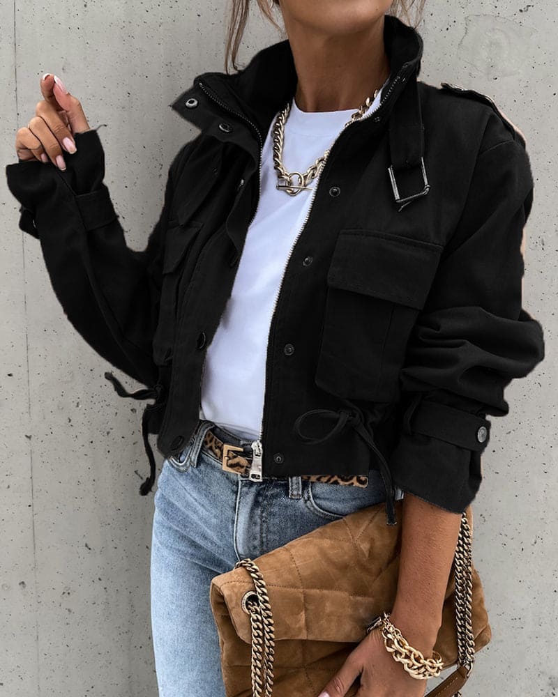Women's Cropped Bomber Jacket with Pockets, Drawstring, and High Collar