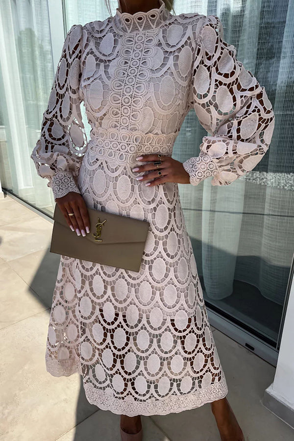 Indy-Rose - Midi dress with lace, high neck, and puff sleeves