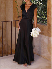 Luxury Satin Maxi Dress with Wrap Neck and V Neckline for Women