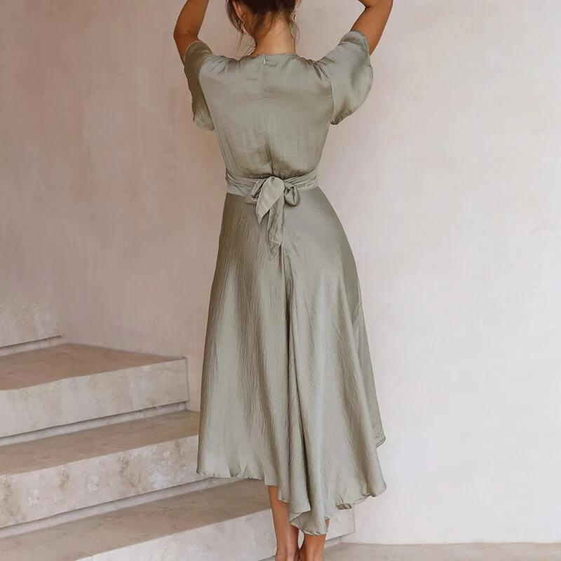 Eline - Elegant Flowing Midi Dress with V Neck for Women