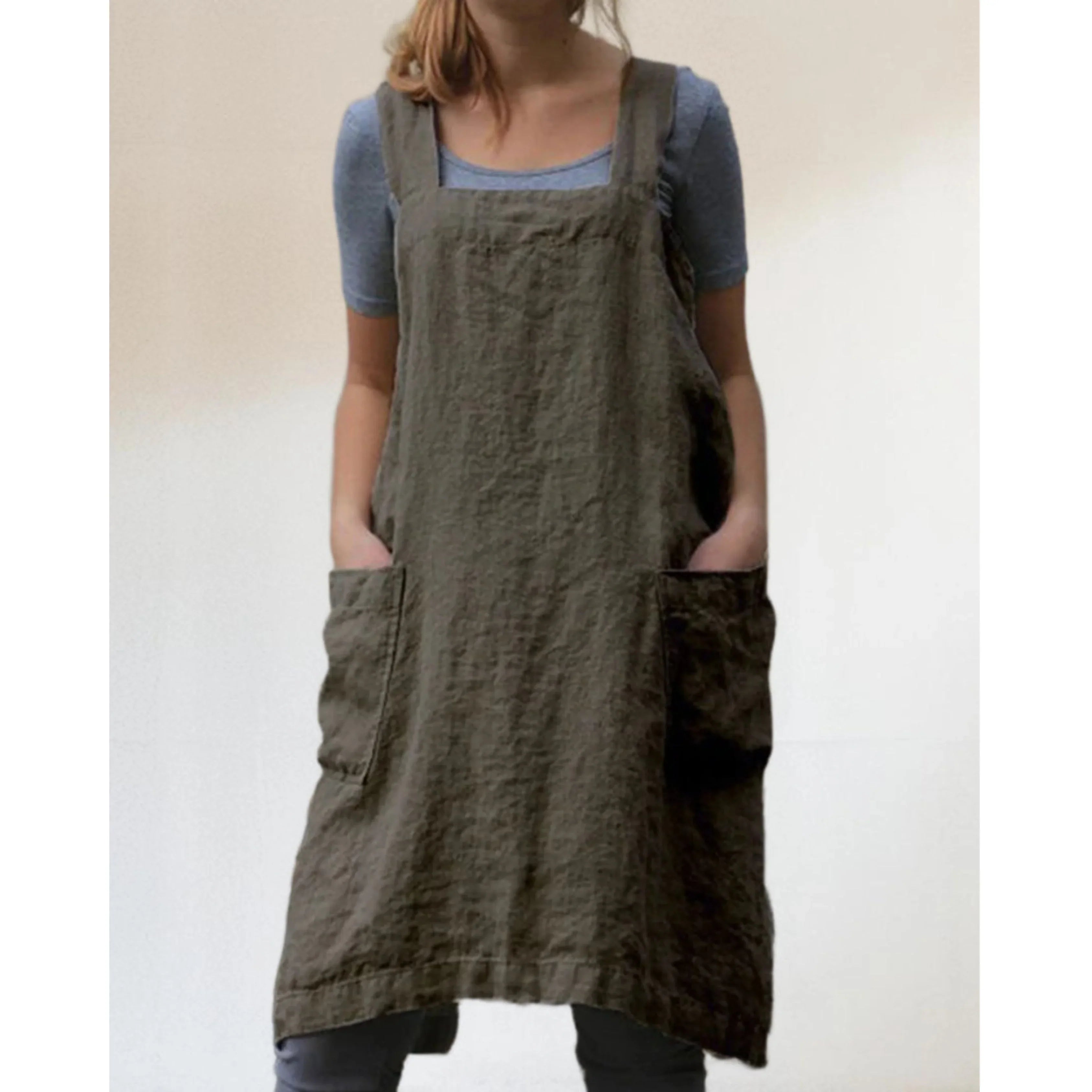 Light Linen Apron Dress with Pockets for Women