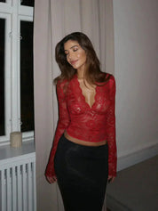 Lace Top with Deep V Neck and Long Sleeves