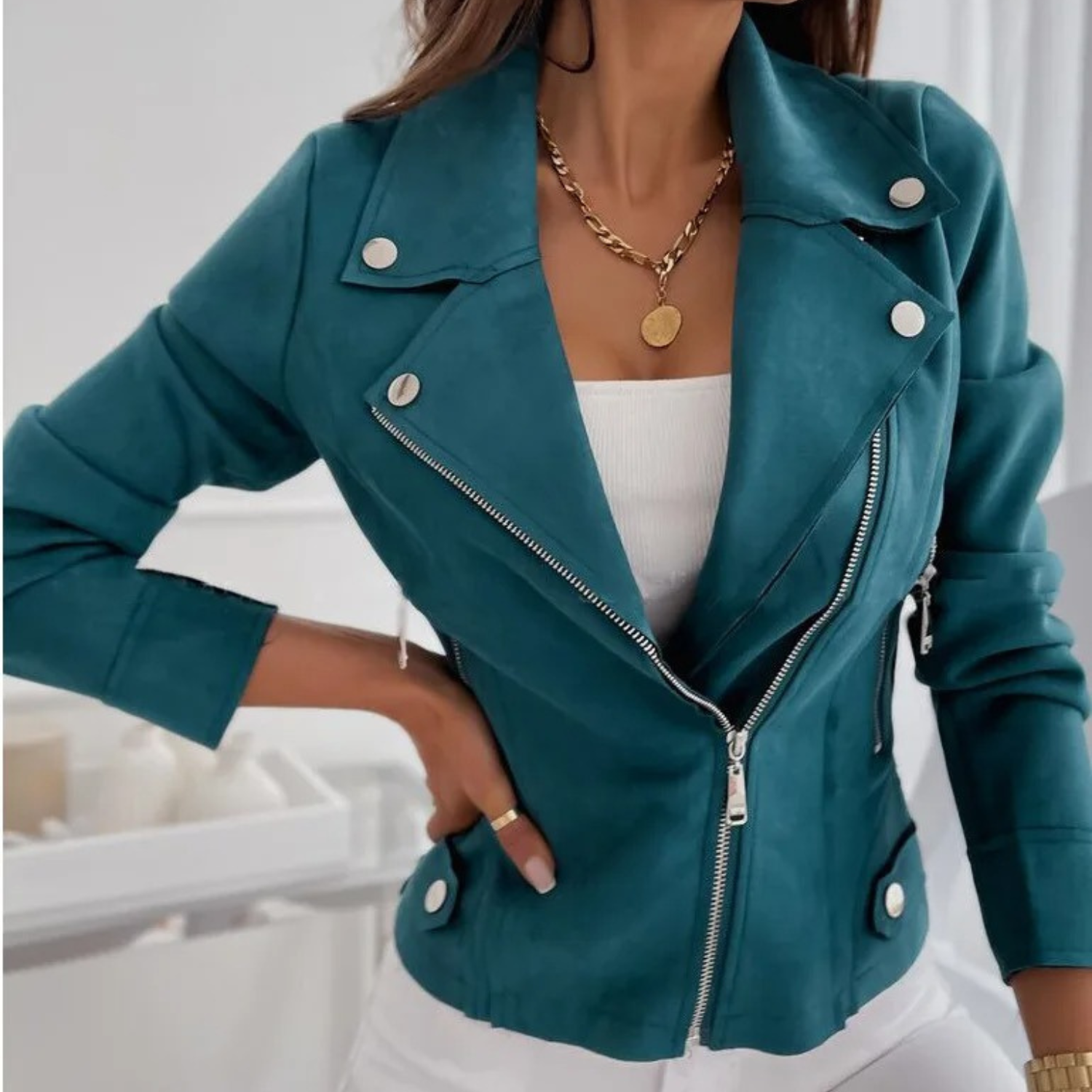 Chic Suede Look Biker Jacket for Women with Zipper and Short Fit