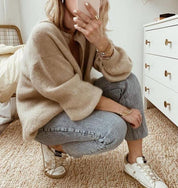 Women's Oversized Beige Cardigan with Buttons and Dropped Shoulders