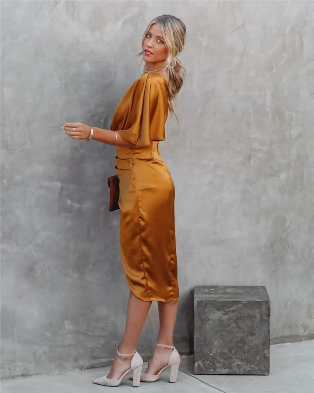 Cocktail Dress with One Shoulder and Draped Midi Skirt