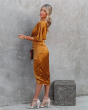 Cocktail Dress with One Shoulder and Draped Midi Skirt
