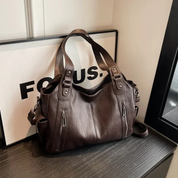Women’s Leather Shoulder Bag with Zipper Pockets and Double Handles
