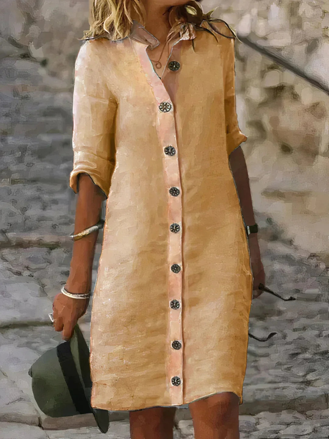 Airy Linen Women’s Midi Dress with Collar and Button Closure