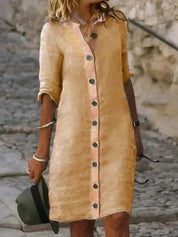 Airy Linen Women’s Midi Dress with Collar and Button Closure
