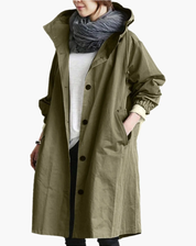 Waterproof Long Women's Trench Coat with Hood and Buttons