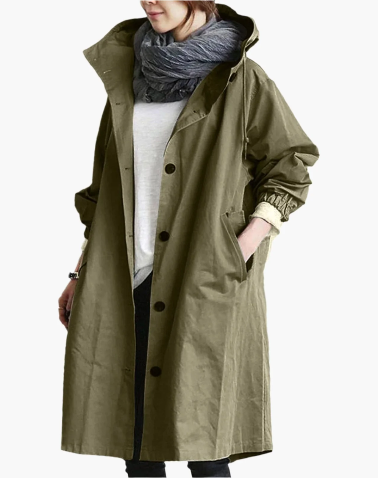 Waterproof Long Women's Trench Coat with Hood and Buttons