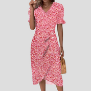 Stylish Midi Dress with Floral Print and V-Neck for Women