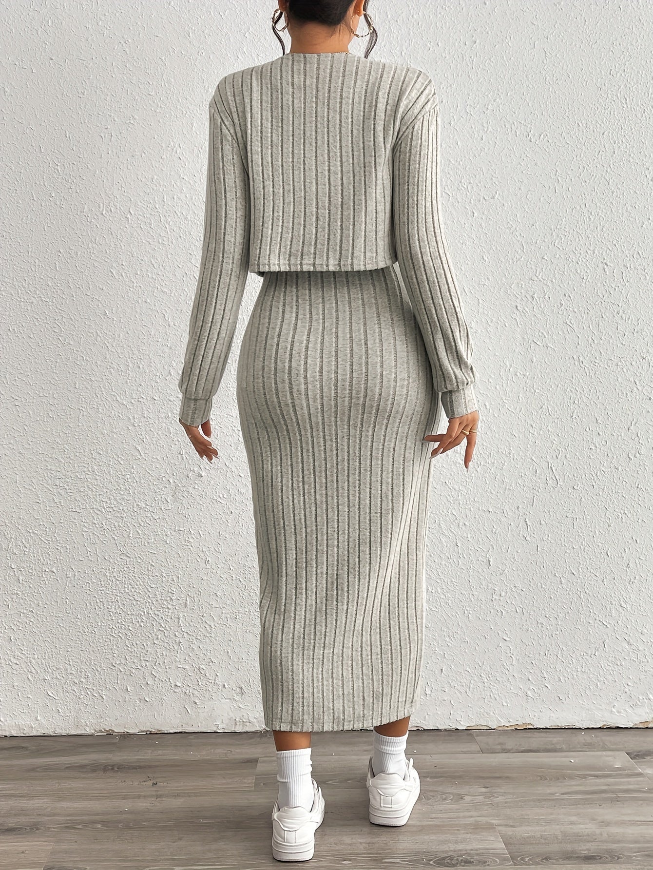 Trendy Fitted Midi Dress Set for Women with Short Vest and Slit