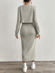 Trendy Fitted Midi Dress Set for Women with Short Vest and Slit