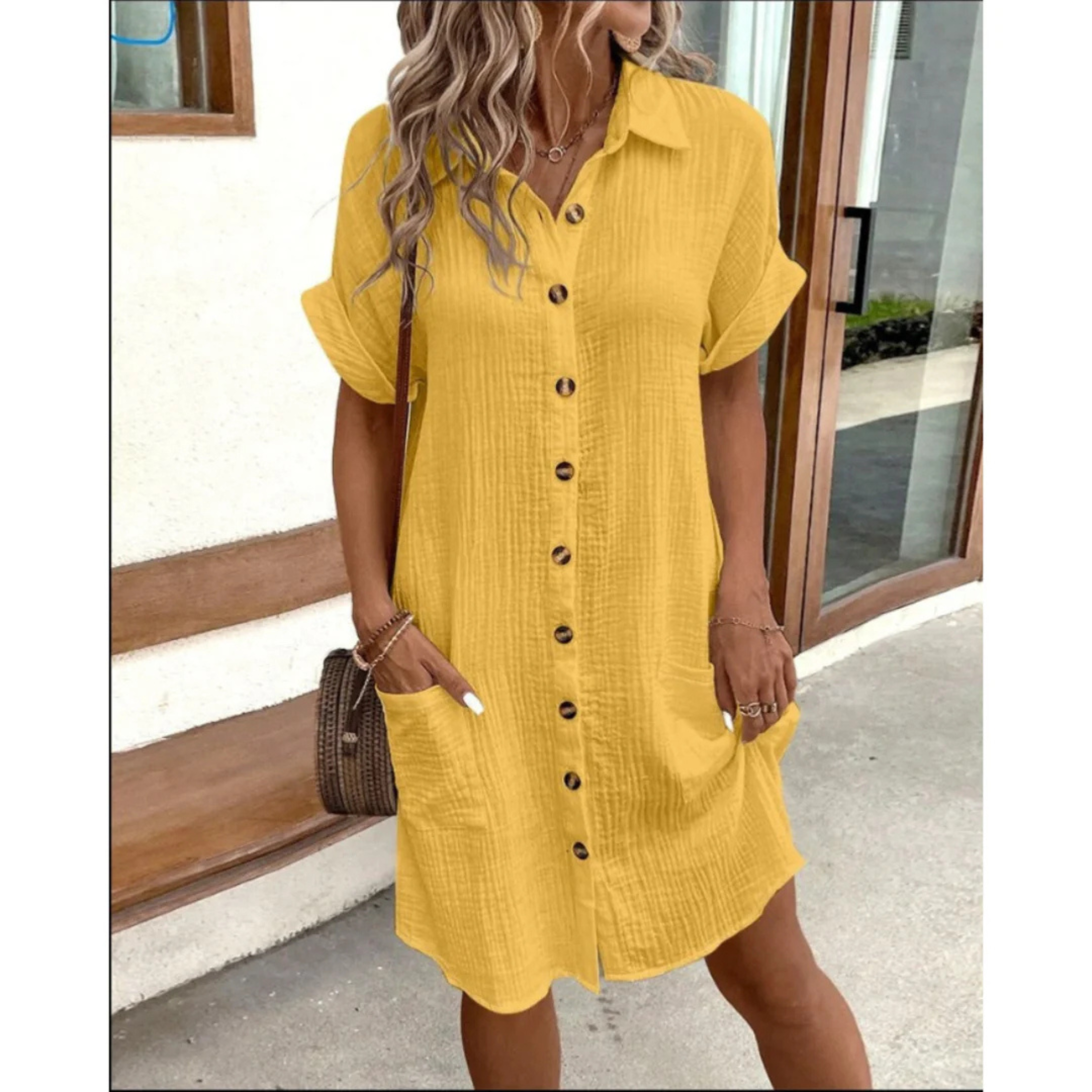 Light Shirt Dress with Buttons and Pockets for Women