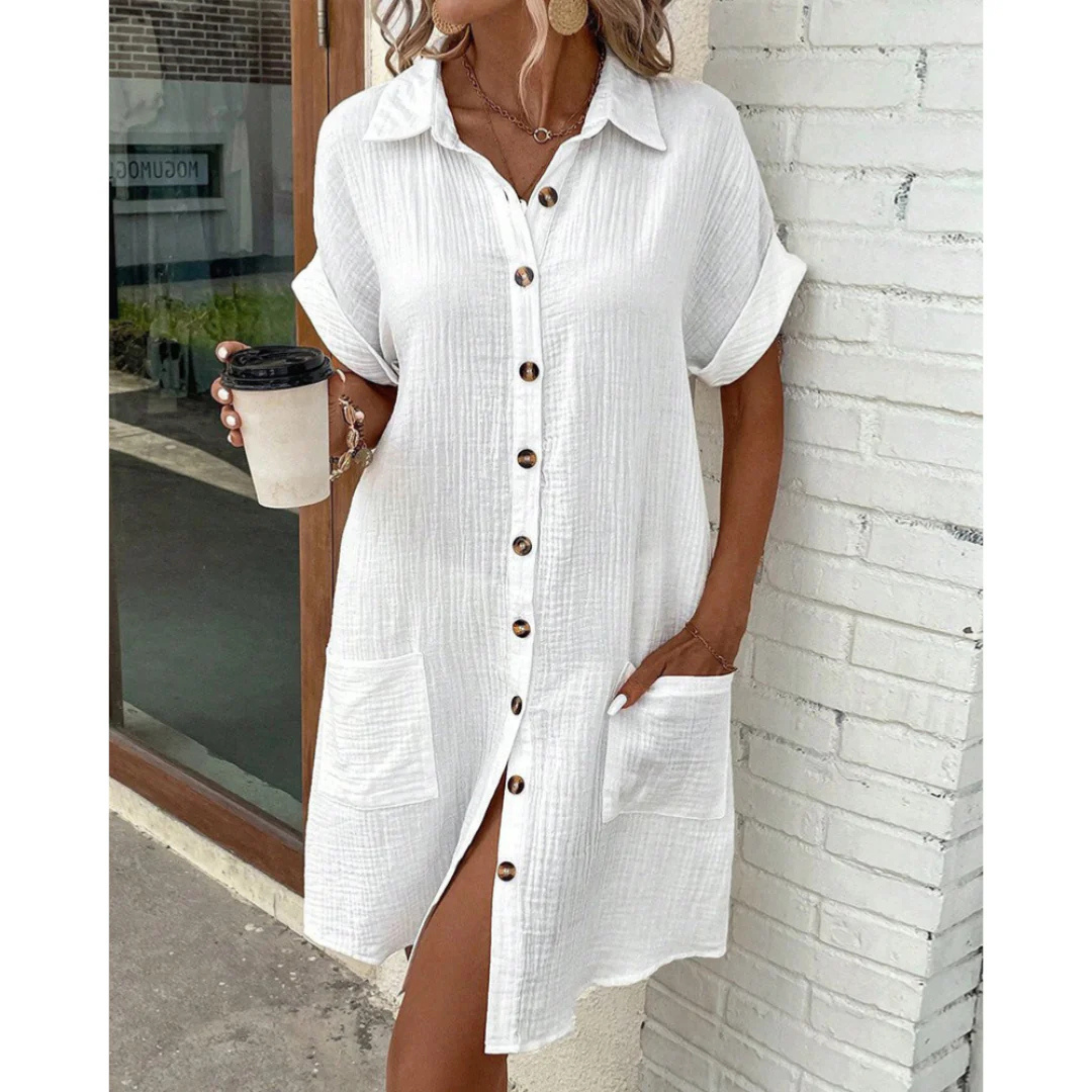 Light Shirt Dress with Buttons and Pockets for Women