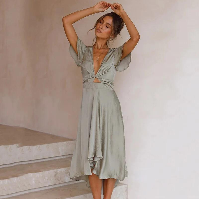 Eline - Elegant Flowing Midi Dress with V Neck for Women
