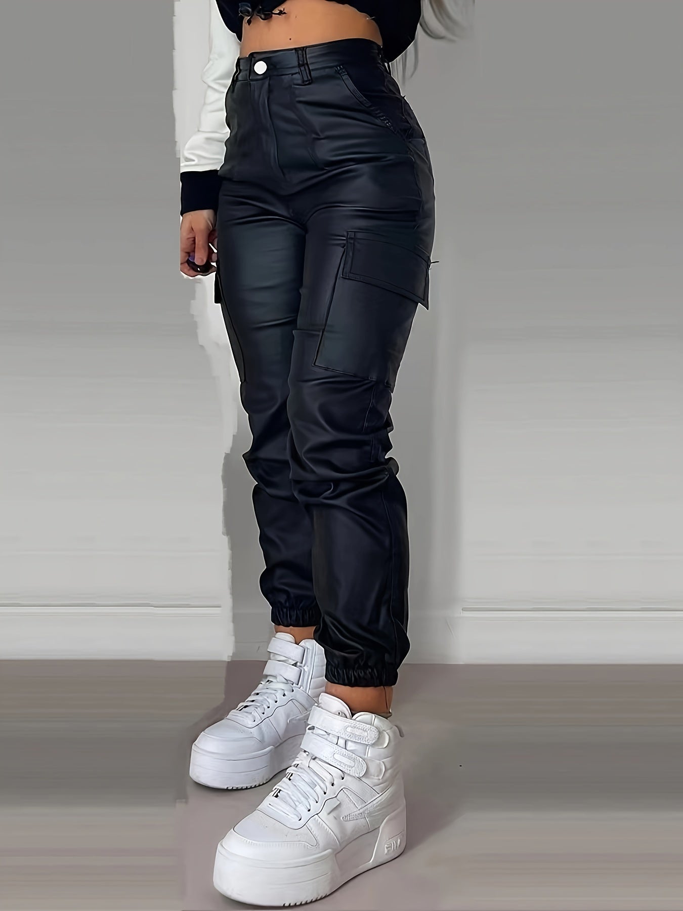 Trendy High Waist Cargo Pants for Women with Leather Look and Elastic Band