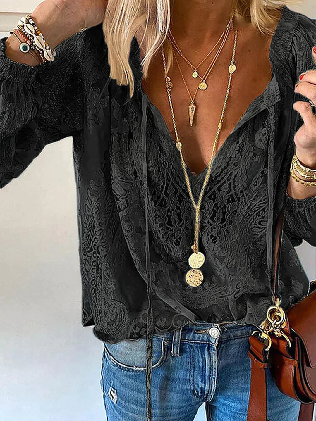 Unique Blouse with Lace Details for Women with V-Neck and Tie Closure