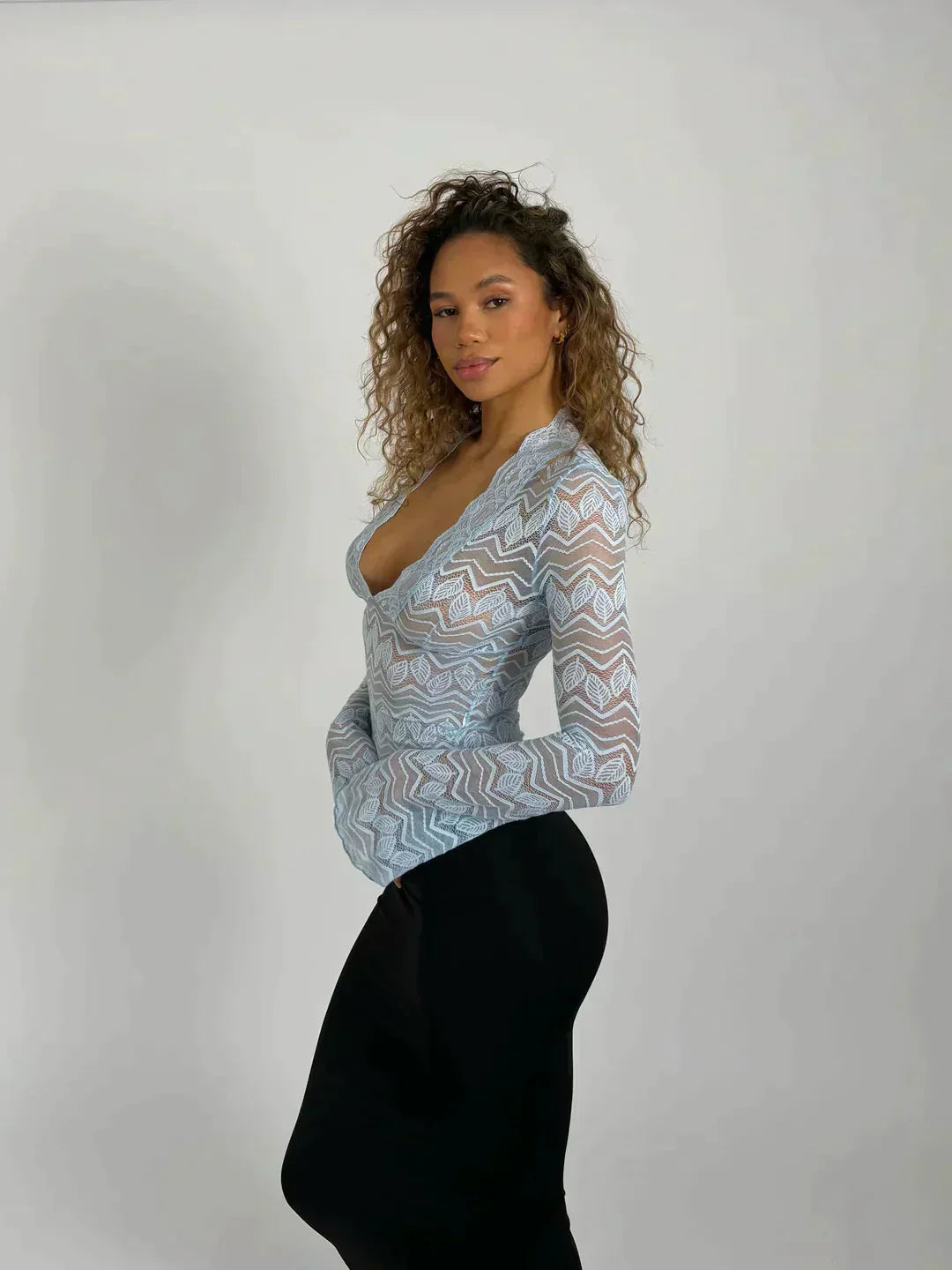 Lace Top with Deep V Neck and Long Sleeves