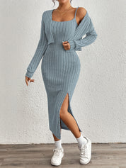 Trendy Fitted Midi Dress Set for Women with Short Vest and Slit