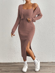 Trendy Fitted Midi Dress Set for Women with Short Vest and Slit