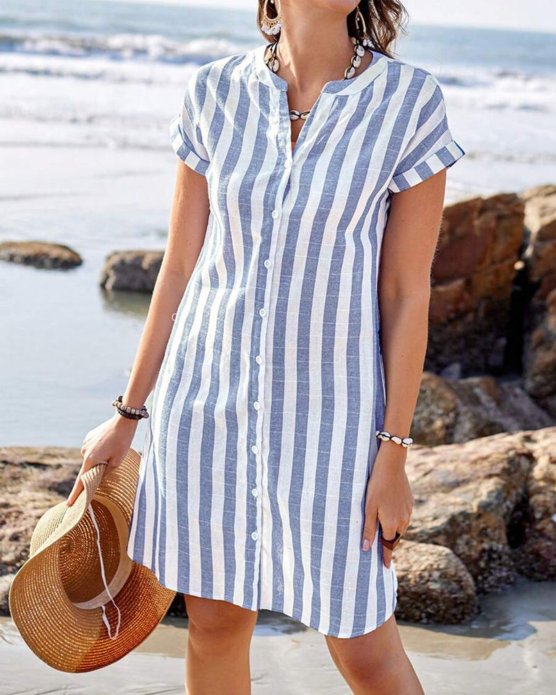 Striped Women's Summer Dress with Button Closure and Short Sleeves