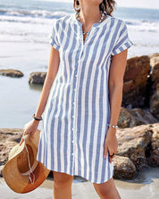 Striped Women's Summer Dress with Button Closure and Short Sleeves