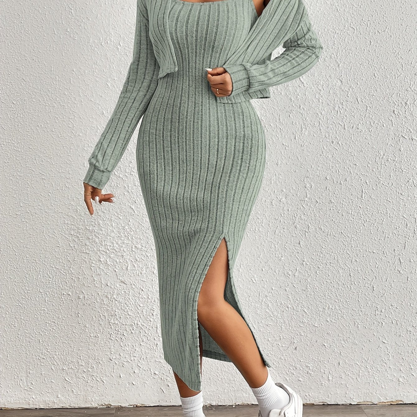 Trendy Fitted Midi Dress Set for Women with Short Vest and Slit