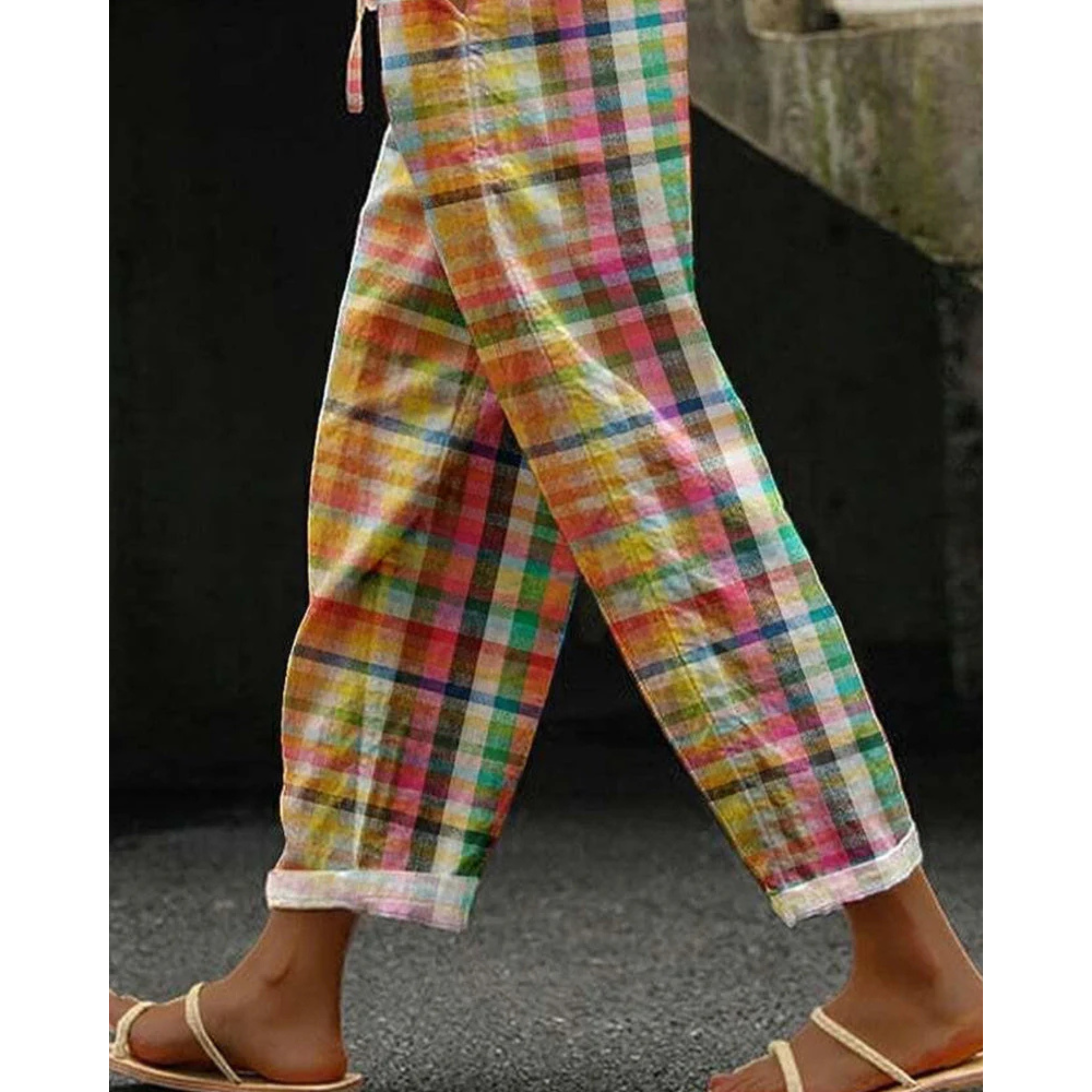 Summer Plaid Pants for Women with Straight Legs