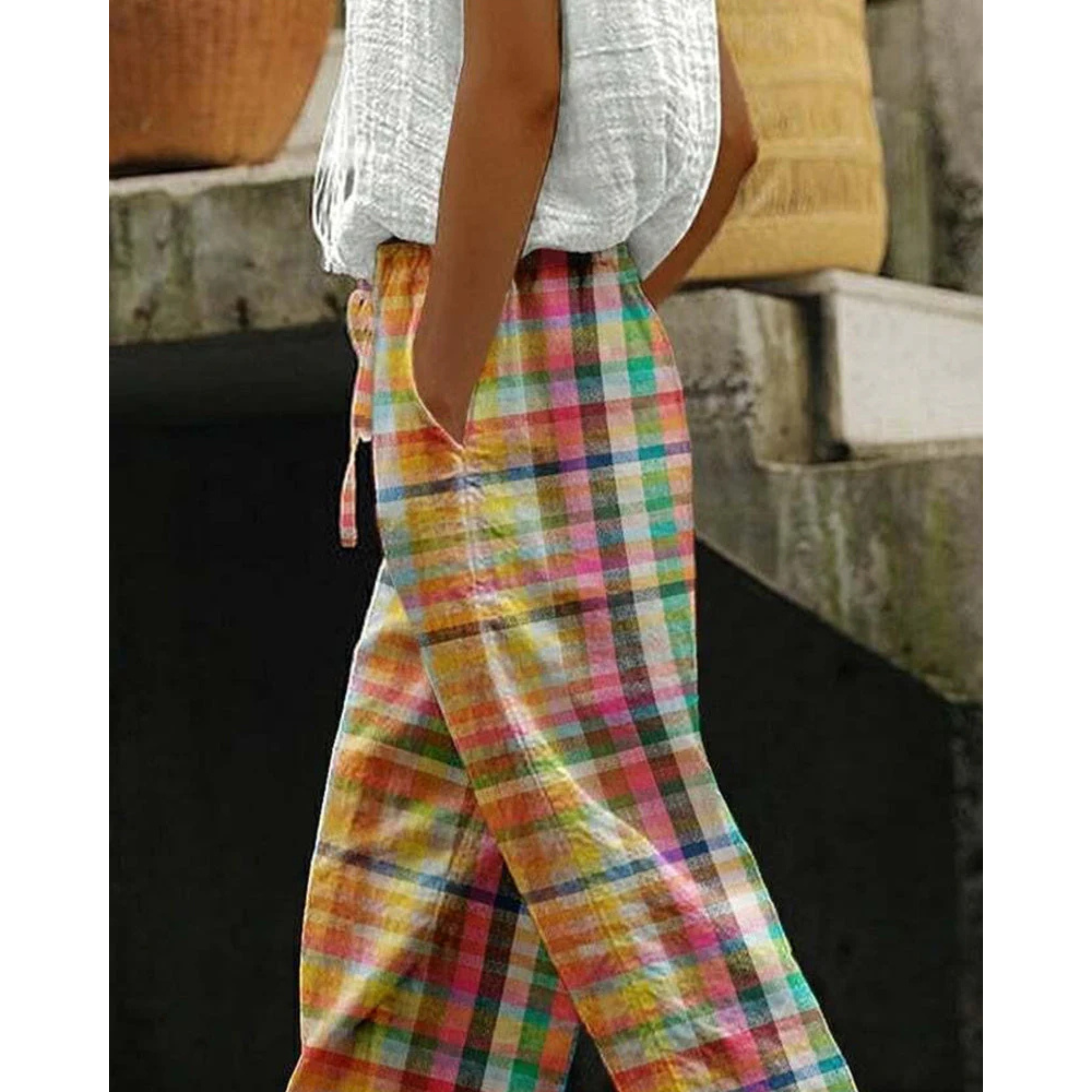 Summer Plaid Pants for Women with Straight Legs