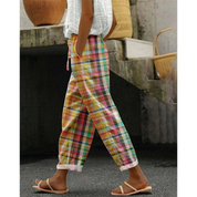 Summer Plaid Pants for Women with Straight Legs