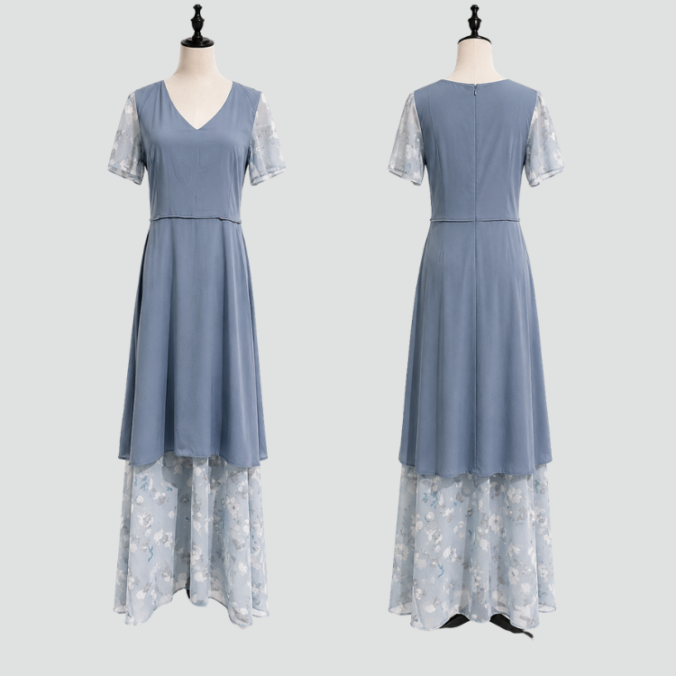 Maxi Dress with Floral Print and V-Neck for Women