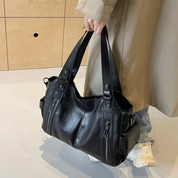 Women’s Leather Shoulder Bag with Zipper Pockets and Double Handles