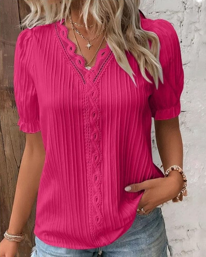 Elegant Pleated Women’s Blouse with Lace and Short Sleeves